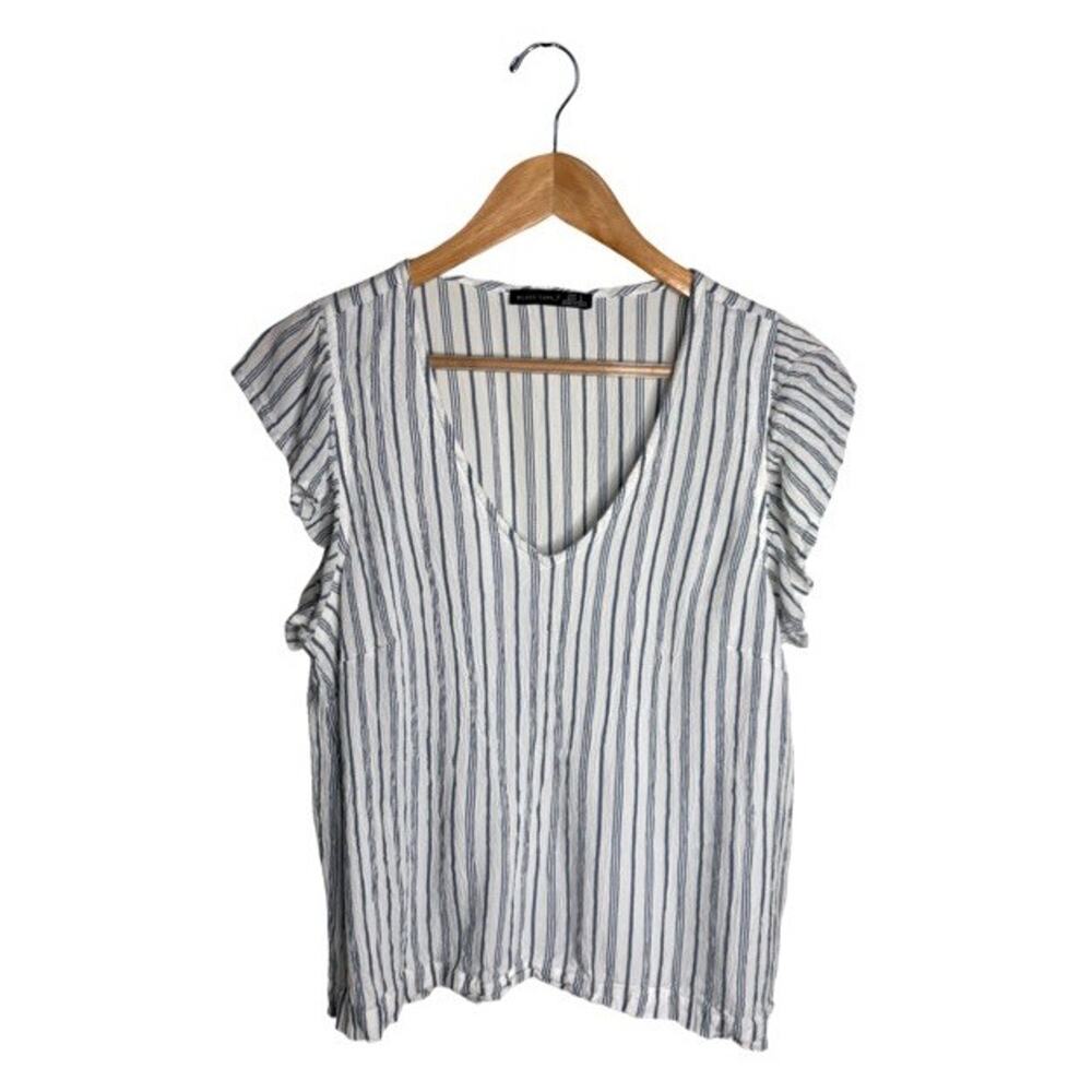 White Striped Blouse Size Large Black Tape Rayon Cotton Ruffled Sleeve